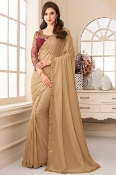 Beige Georgette Bordered Saree With Embroidered Blouse