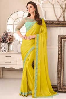 Yellow Chiffon Bordered Saree With Embroidered Blouse