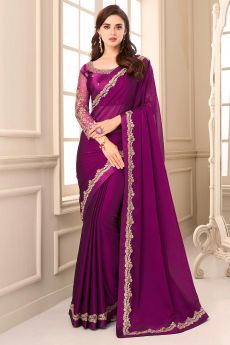 Purple Georgette Bordered Saree With Embroidered Blouse