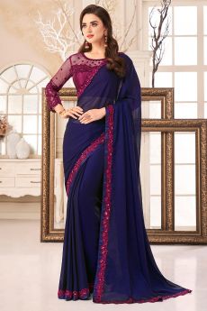 Navy Blue Georgette Bordered Saree With Embroidered Blouse