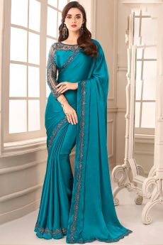 Blue Chiffon Bordered Saree With Embroidered Blouse