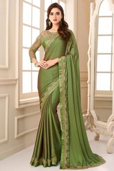 Olive Green Chiffon Bordered Saree With Embroidered Blouse