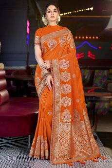 Orange Zari Weaved Silk Saree