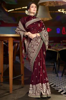 Maroon Zari Weaved Silk Saree