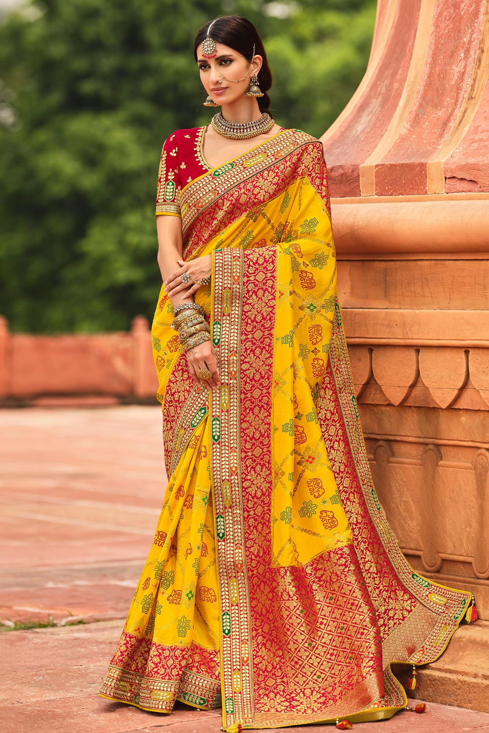 Yellow Banarasi Silk Embellished Saree