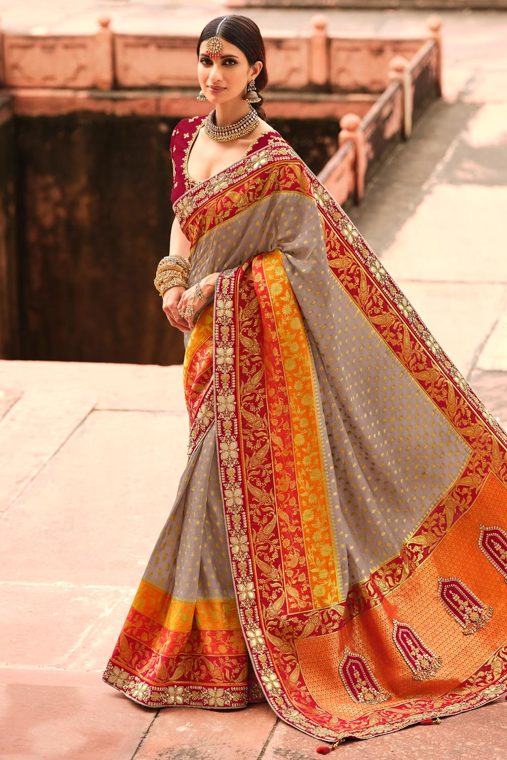 Grey  Banarasi Silk Embellished Saree