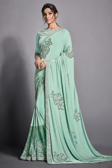 Mint Green Lycra Embellished Party Wear Saree
