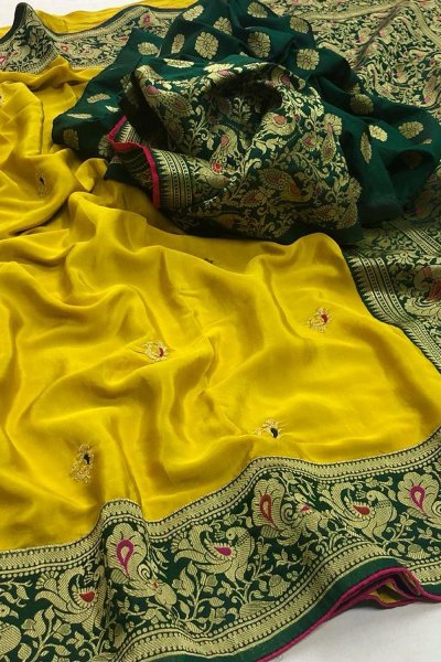 Yellow Party Wear Woven Silk Saree with Peacock Motifs