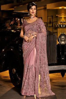 Gorgeous Dusty Pink Designer Net Saree