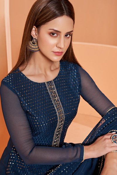 Navy Blue Georgette Embellished Suit With Flared Palazzo