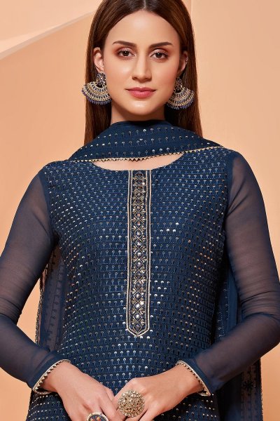 Navy Blue Georgette Embellished Suit With Flared Palazzo