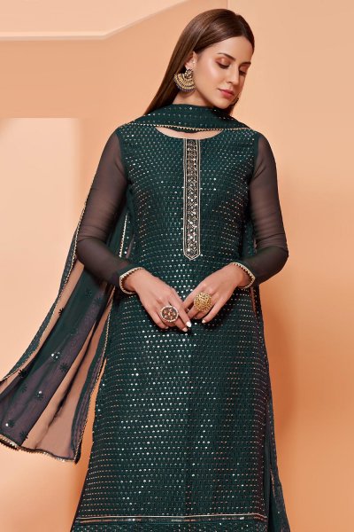 Bottle Green Georgette Embellished Suit With Flared Palazzo