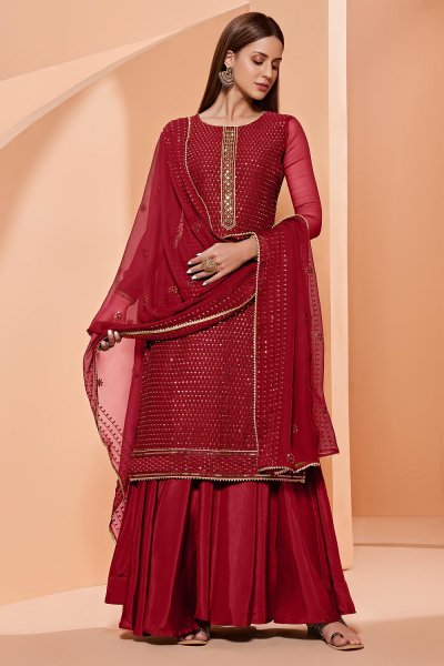 Red Georgette Embellished Suit With Flared Palazzo