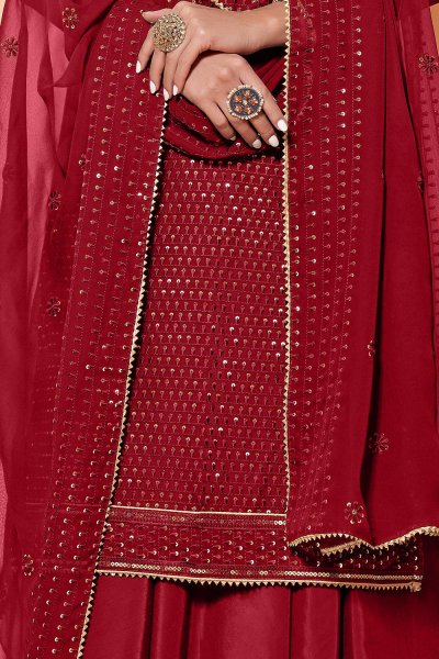 Red Georgette Embellished Suit With Flared Palazzo
