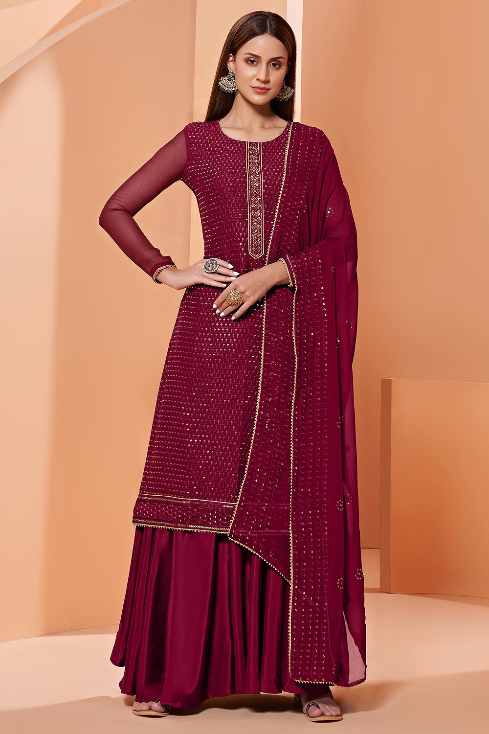 Magenta Georgette Embellished Suit With Flared Palazzo