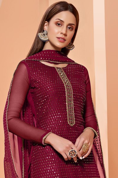 Magenta Georgette Embellished Suit With Flared Palazzo