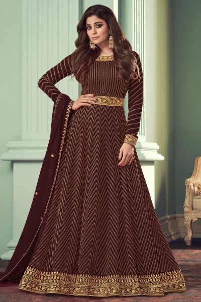 Brown Georgette Embellished Anarkali Dress