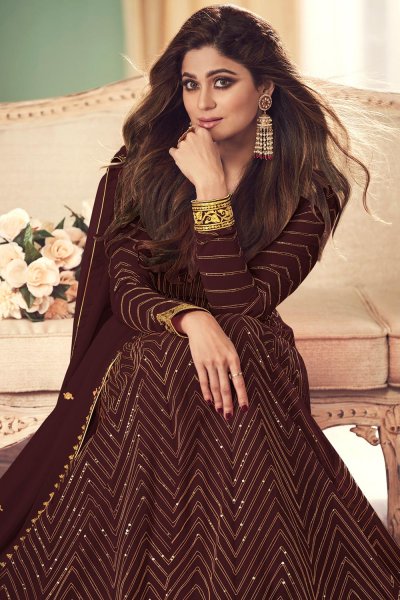 Brown Georgette Embellished Anarkali Dress