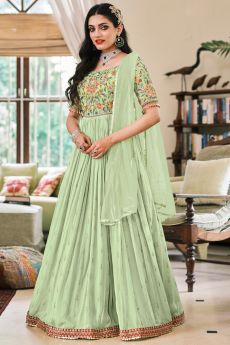 Pastel Green Georgette Embellished Anarkali Suit With Dupatta