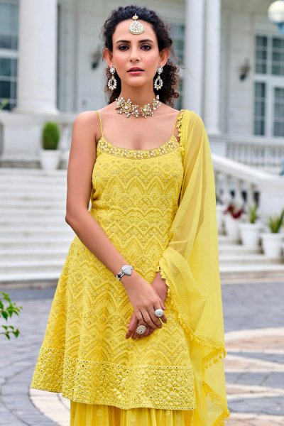 Ready To Wear Yellow Georgette Sharara Style Peplum Suit