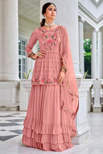 Ready To Wear Blush Pink Georgette Sharara Style Peplum Suit