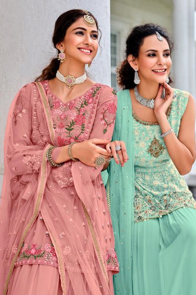 Ready To Wear Blush Pink Georgette Sharara Style Peplum Suit