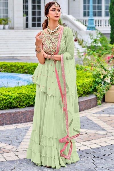 Ready To Wear Pastel Green Georgette Sharara Style Peplum Suit