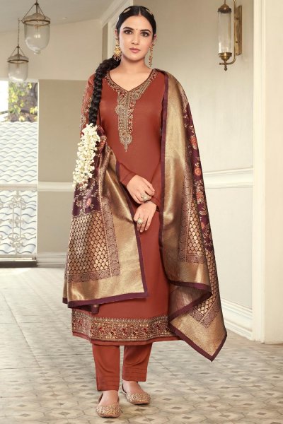 Burnt Red Satin Georgette Suit With Jacquard Dupatta
