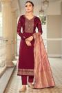 Deep Red Satin Georgette Suit With Jacquard Dupatta