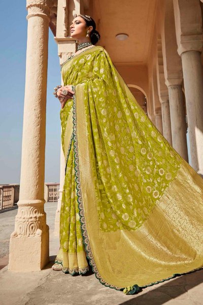 Lime Green Banarasi Silk Saree