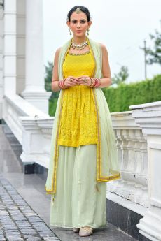 Yellow Peplum Style Georgette Embellished Suit