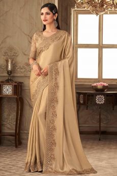 Beige Designer Silk Embellished Saree