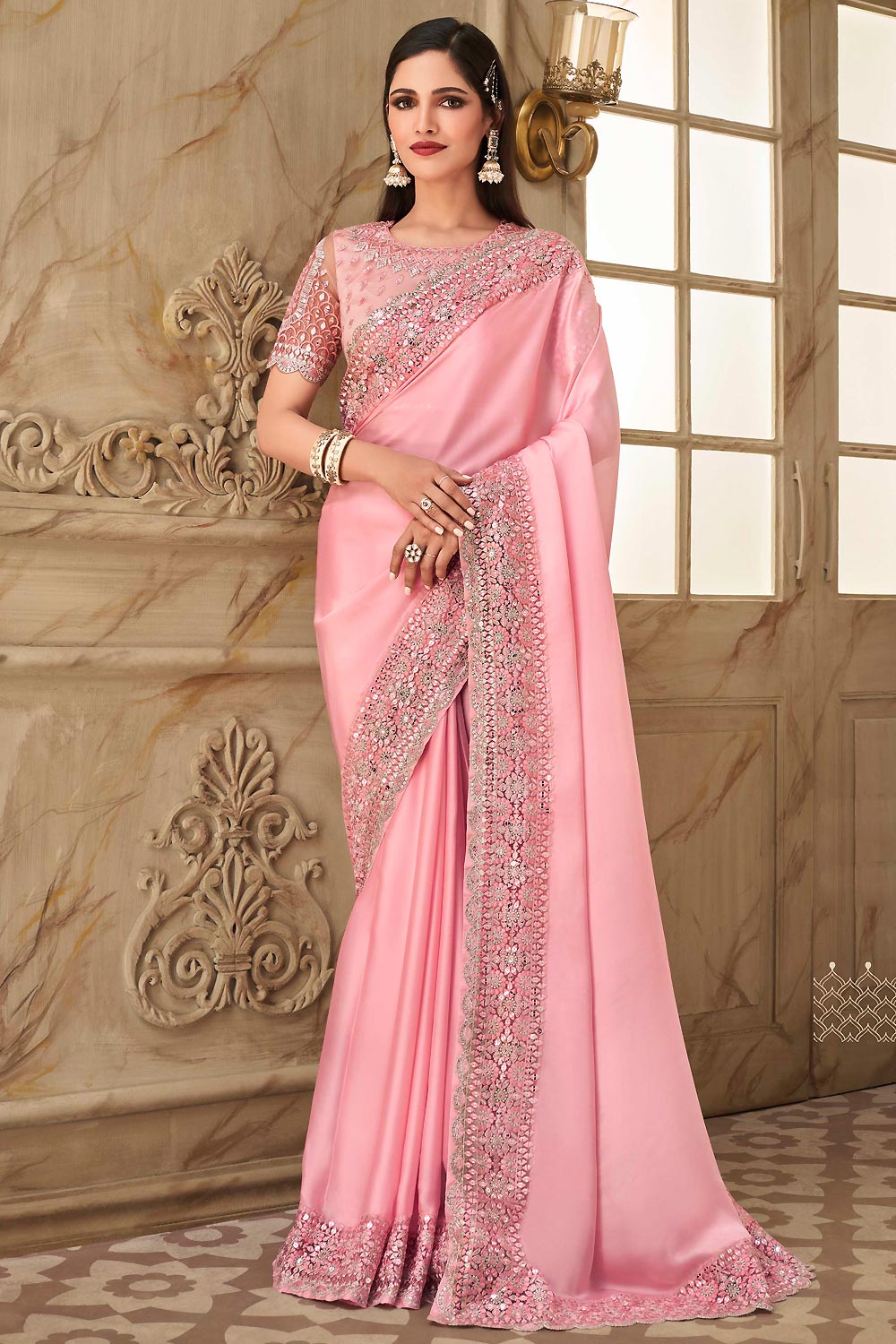 Light Pink Designer Silk Embellished Saree