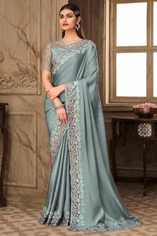 Steel Blue Designer Silk Embellished Saree