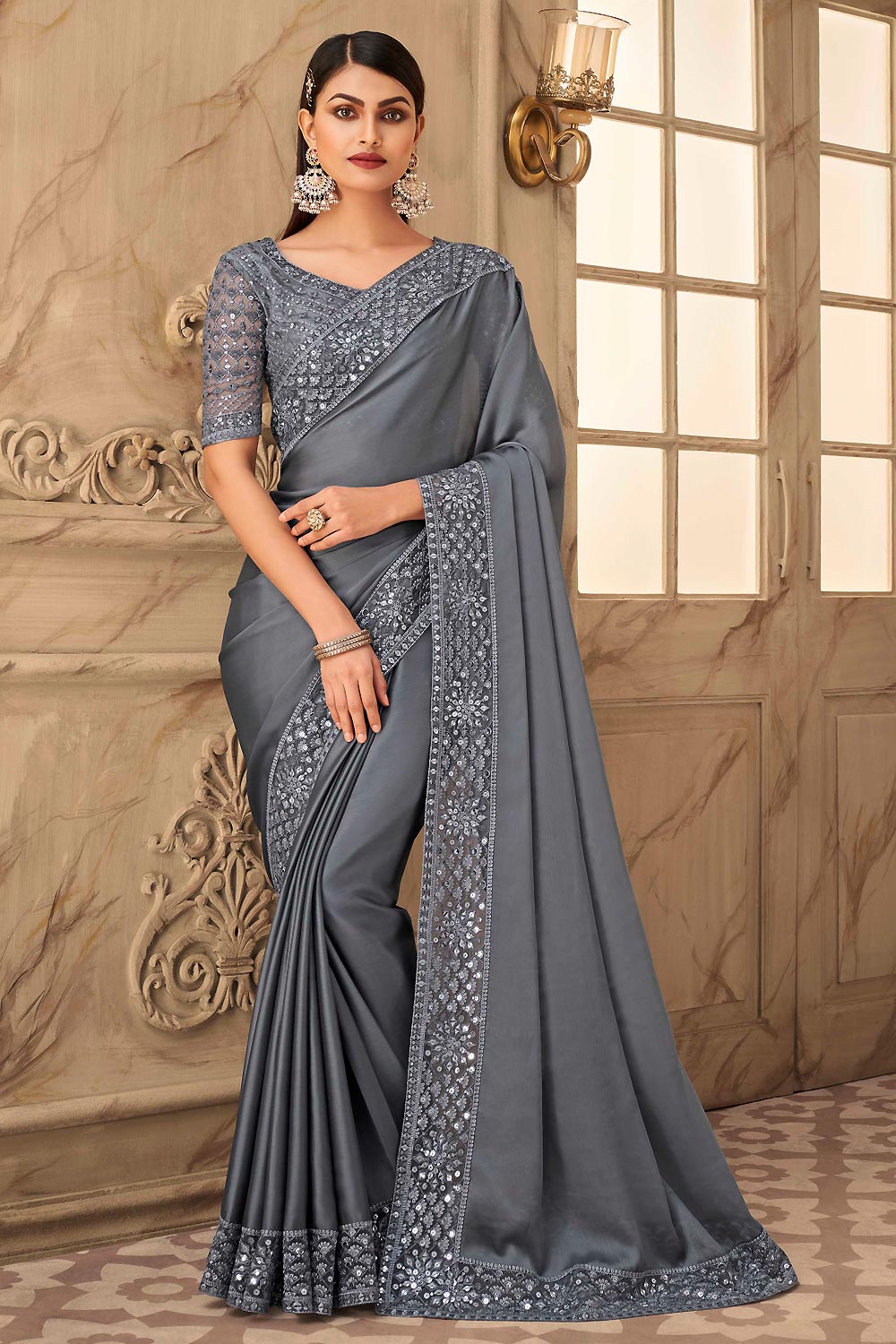 Grey Designer Silk Embellished Saree