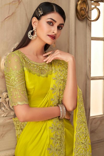 Yellow Designer Silk Embellished Saree