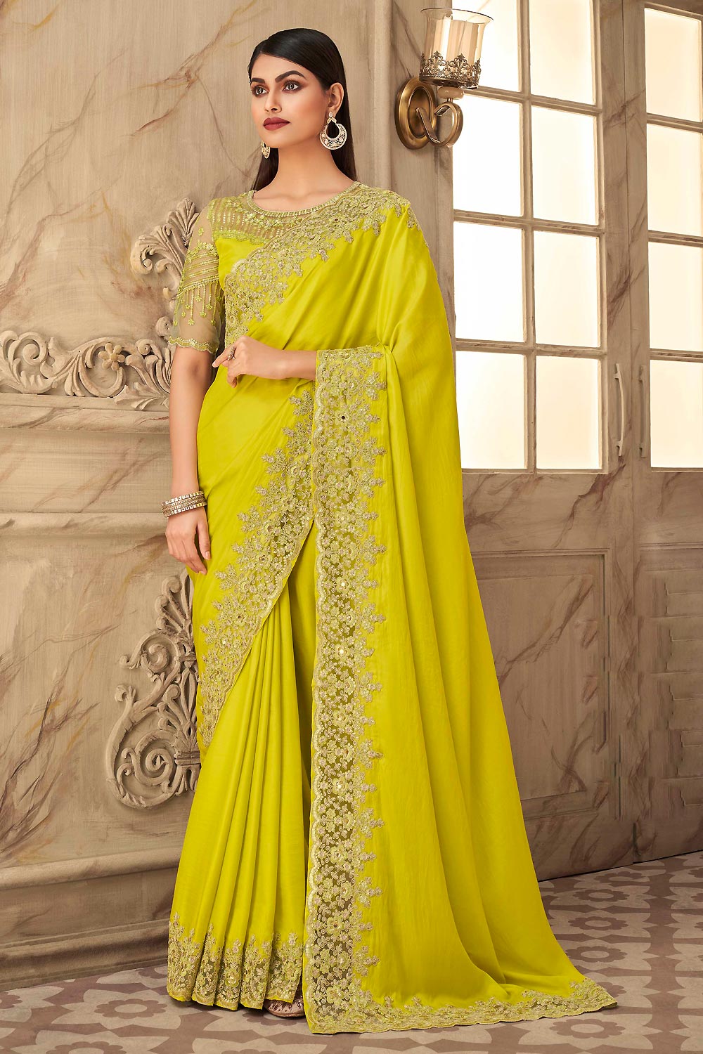 Yellow Designer Silk Embellished Saree 