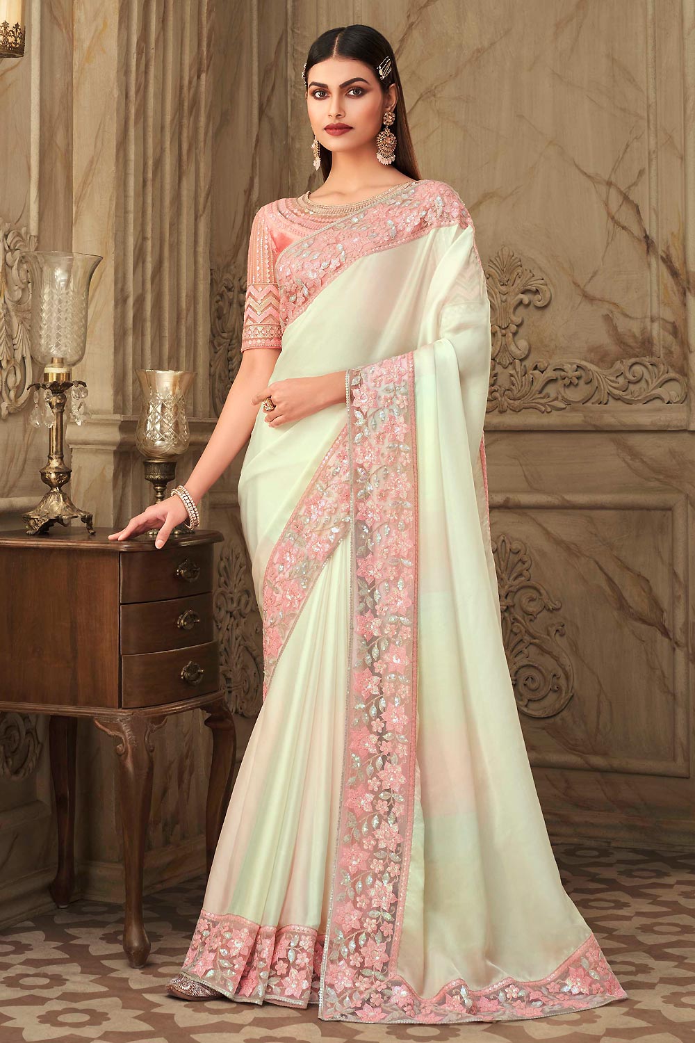 White Designer Silk Embellished Saree
