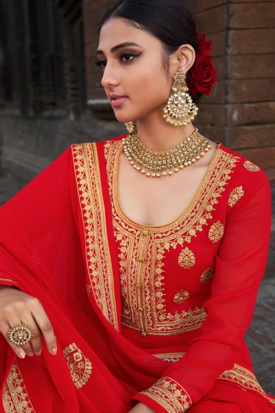 Red Georgette Embellished Anarkali Suit With Dupatta