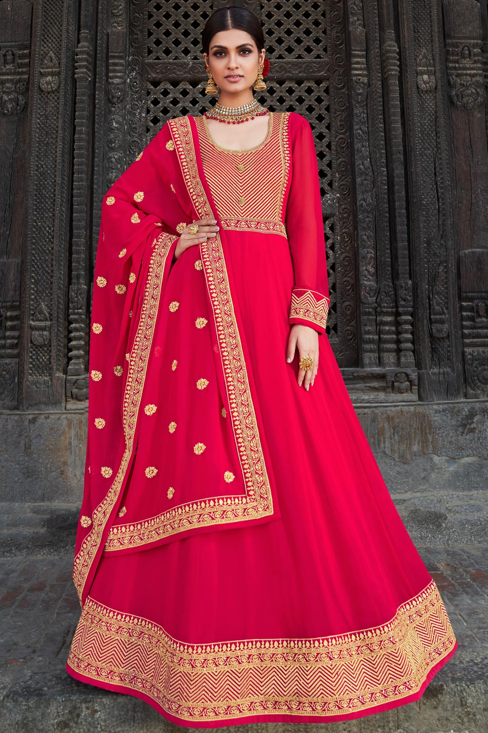 Pink Georgette Embellished Anarkali Suit With Dupatta