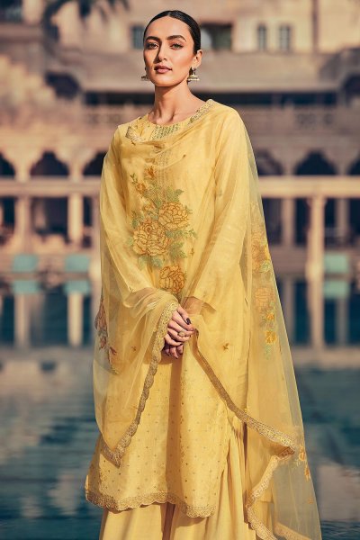 Yellow Silk Embroidered Suit