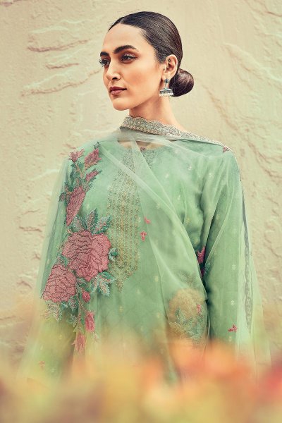 Pastel Green Silk Embroidered Suit
