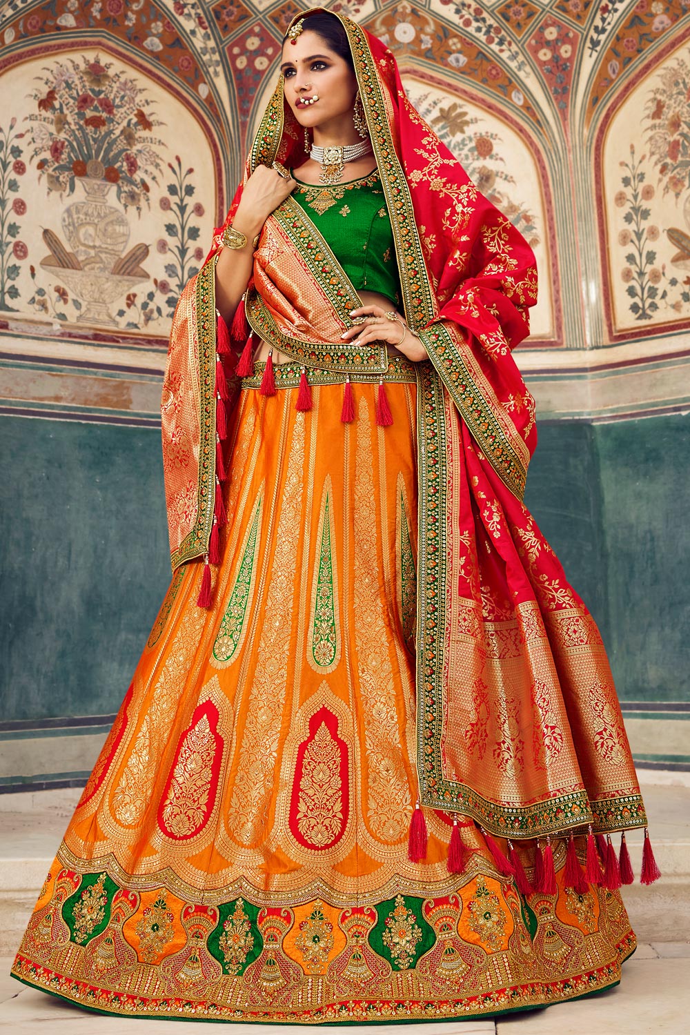 Orange Embroidered Banarasi Silk Lehenga