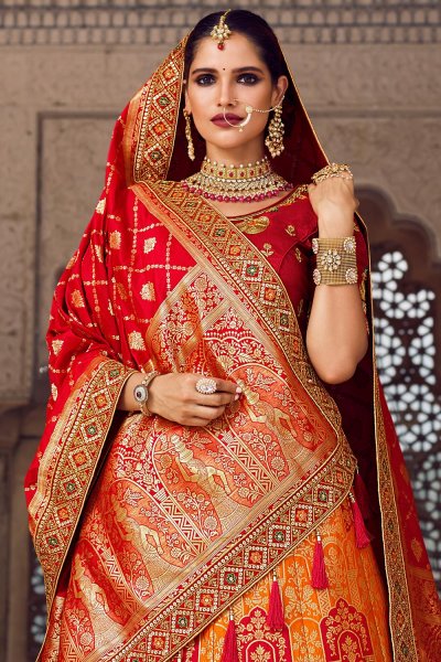 Orange & Red Embroidered Banarasi Silk Lehenga