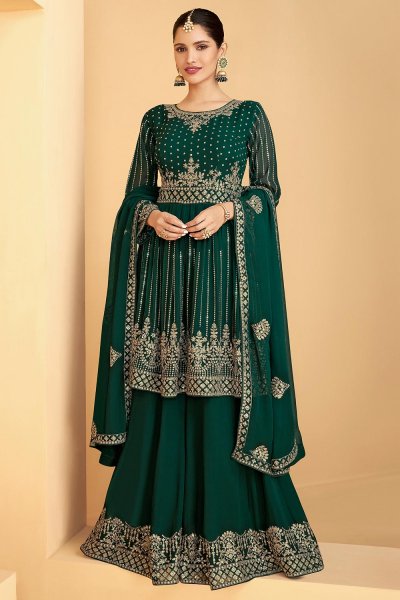 Dark Green Embellished Georgette Suit With Sharara