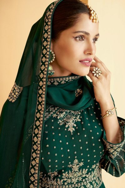 Dark Green Embellished Georgette Suit With Sharara