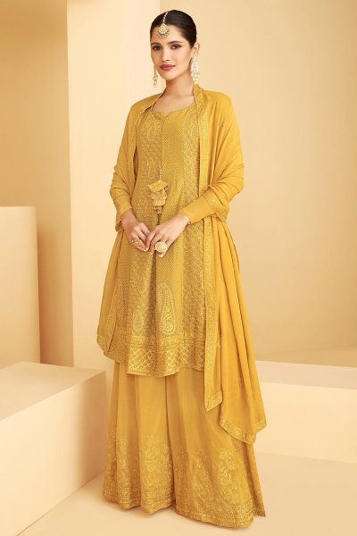 Yellow Embellished Georgette Suit With Sharara