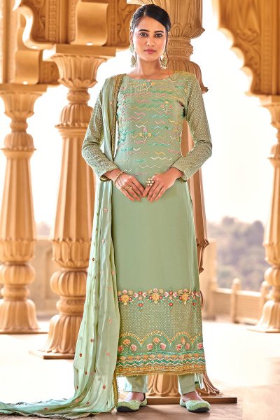 Pista Green Georgette Embellished Suit With Palazzo