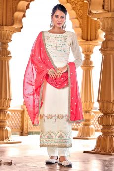 White Georgette Embellished Suit With Palazzo
