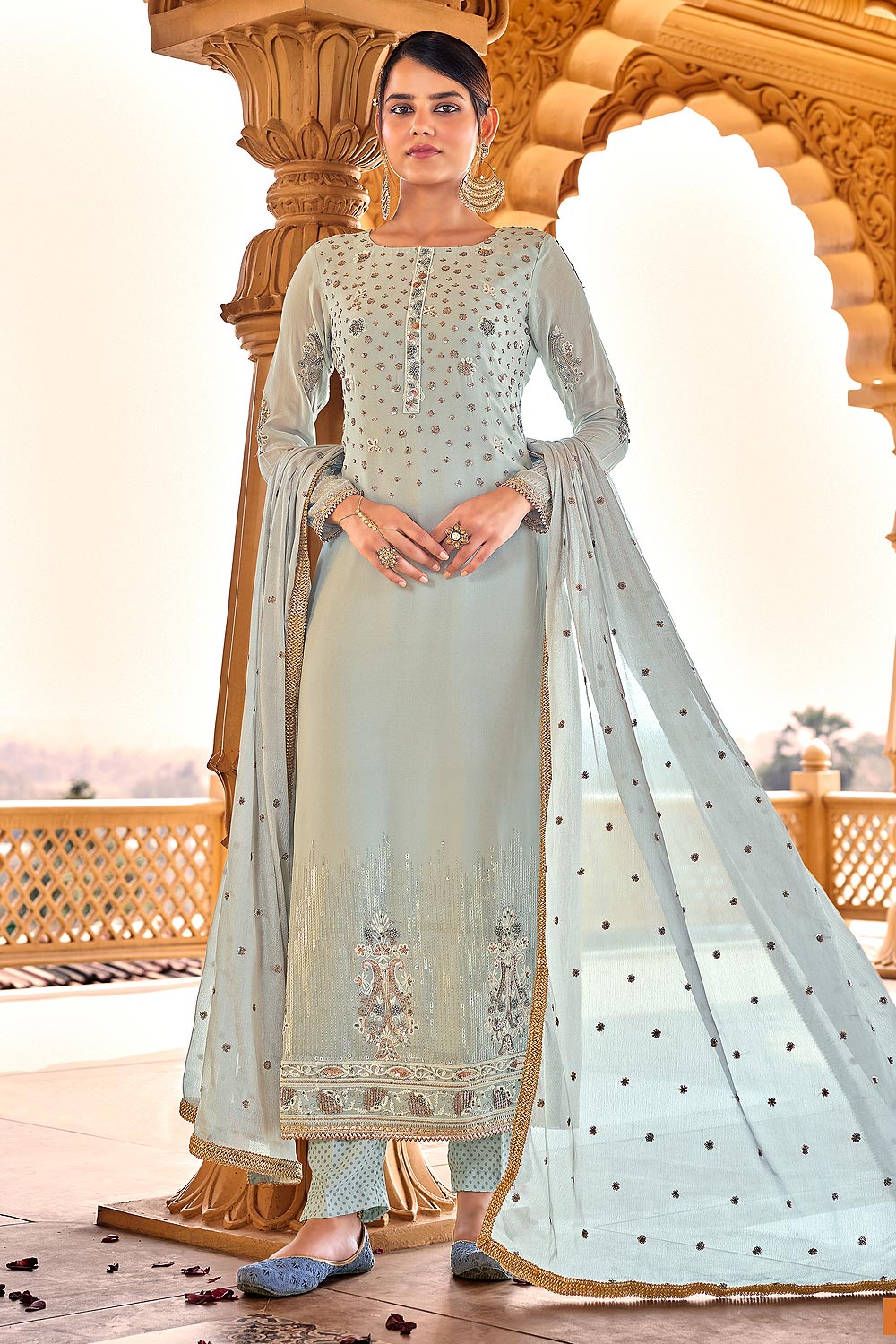 Powder Blue Georgette Embellished Suit With Palazzo
